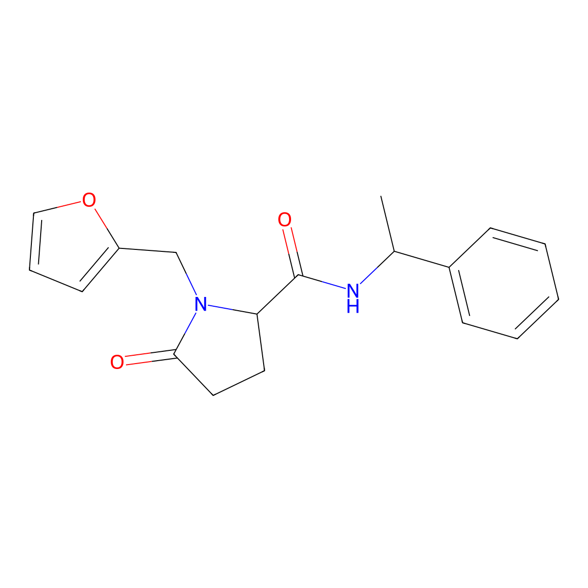 1-(furan-2-ylmethyl)-5-oxo-N-(1-phenylethyl)pyrrolidine-2-carboxamide molecular structure, CAS 1796902-09-4