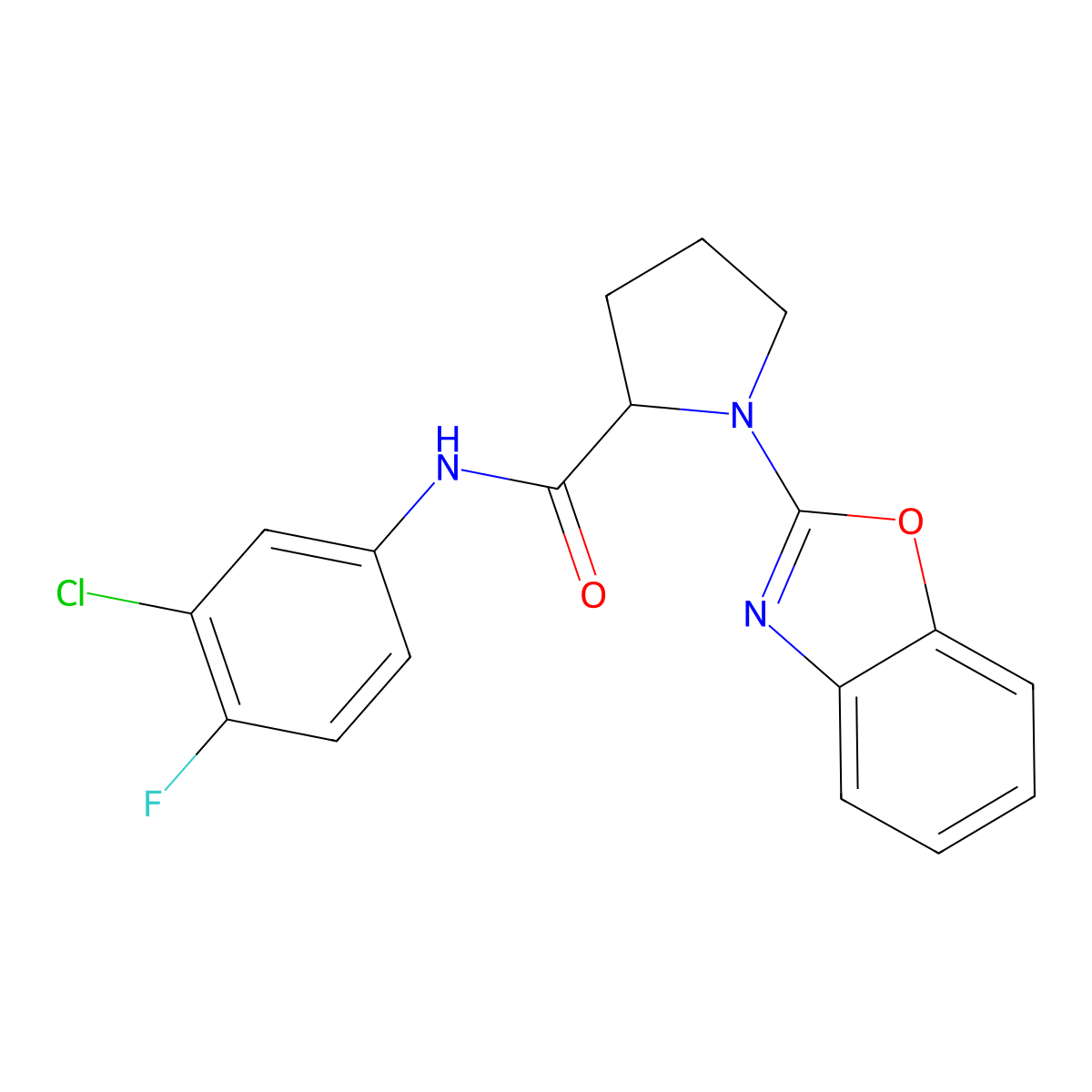 1-(benzo[d]oxazol-2-yl)-N-(3-chloro-4-fluorophenyl)pyrrolidine-2-carboxamide molecular structure, CAS 1796903-50-8