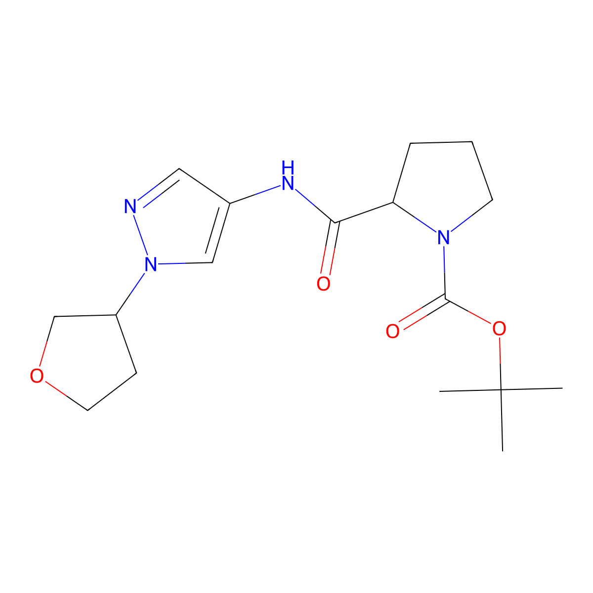tert-butyl 2-((1-(tetrahydrofuran-3-yl)-1H-pyrazol-4-yl)carbamoyl)pyrrolidine-1-carboxylate molecular structure, CAS 1796904-27-2