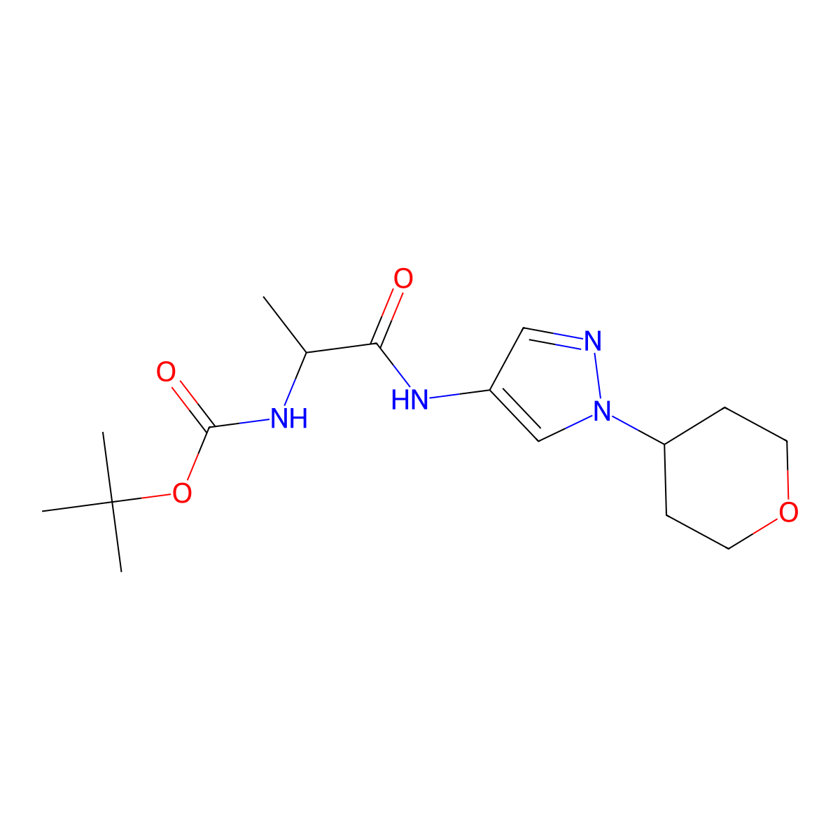 tert-butyl (1-oxo-1-((1-(tetrahydro-2H-pyran-4-yl)-1H-pyrazol-4-yl)amino)propan-2-yl)carbamate molecular structure, CAS 1796904-32-9