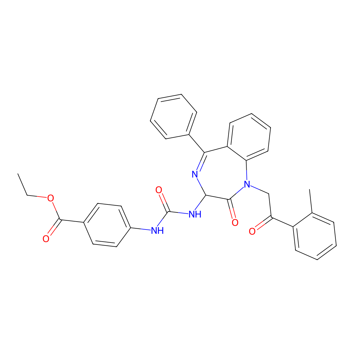 ethyl 4-((N-(2,5-diaza-2-(2-(2-methylphenyl)-2-oxoethyl)-3-oxo-6-phenylbicyclo[5.4.0]undeca-1(7),5,8,10-tetraen-4-yl)carbamoyl)amino)benzoate molecular structure, CAS 1796904-68-1