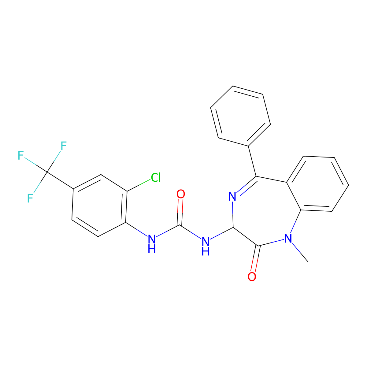1-[2-chloro-4-(trifluoromethyl)phenyl]-3-(1-methyl-2-oxo-5-phenyl-2,3-dihydro-1H-1,4-benzodiazepin-3-yl)urea molecular structure, CAS 1796904-73-8