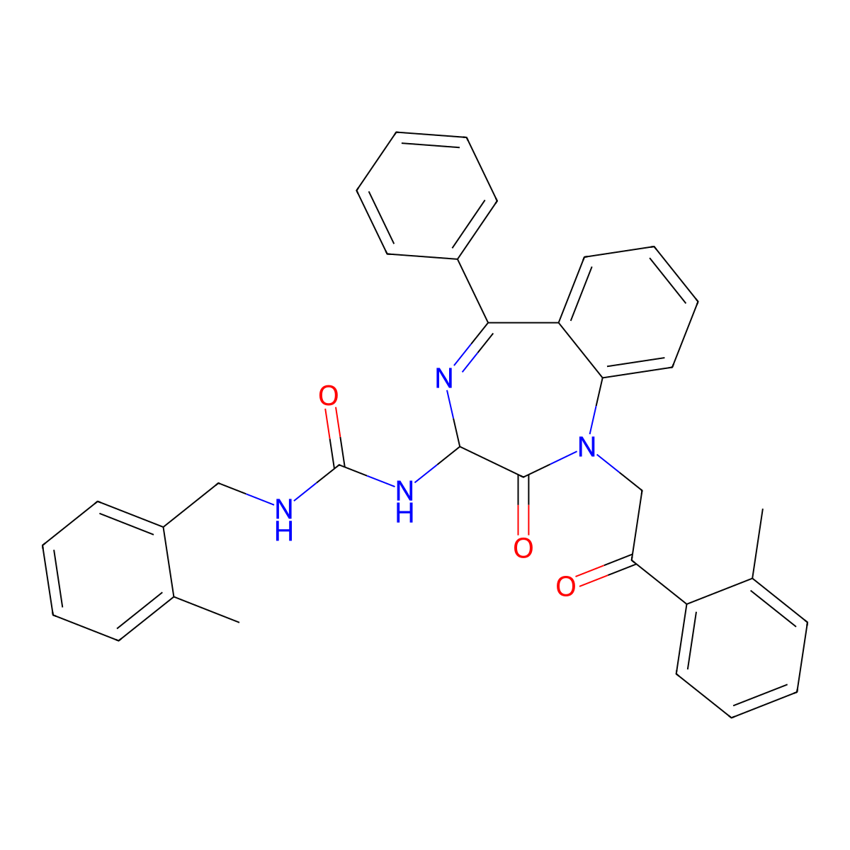 N-(2,5-diaza-2-(2-(2-methylphenyl)-2-oxoethyl)-3-oxo-6-phenylbicyclo[5.4.0]undeca-1(7),5,8,10-tetraen-4-yl)(((2-methylphenyl)methyl)amino)formamide molecular structure, CAS 1796904-84-1