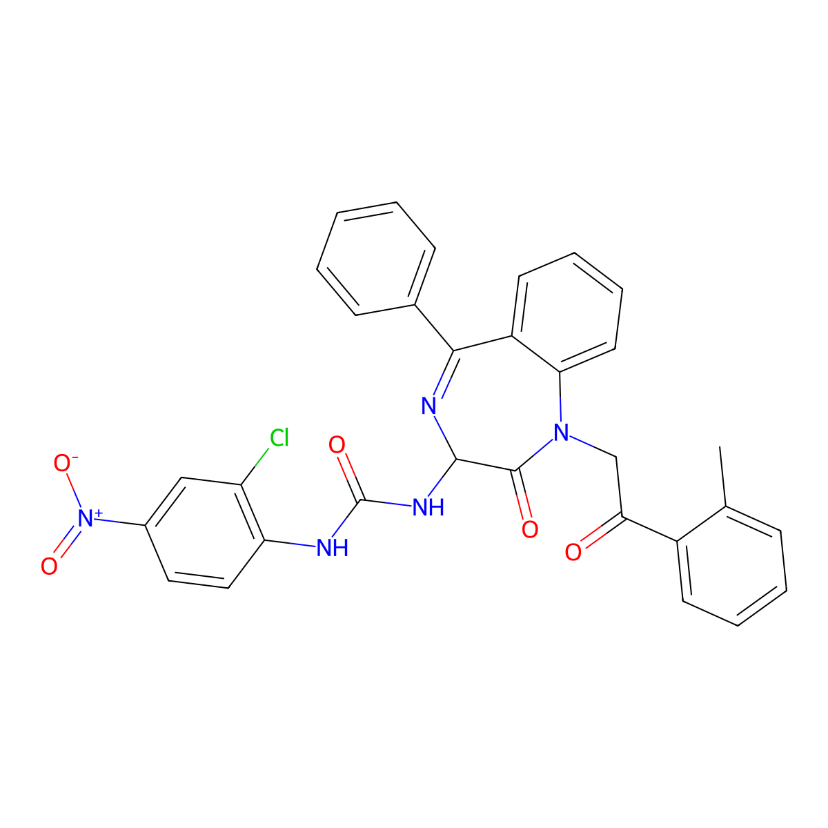 N-(2,5-diaza-2-(2-(2-methylphenyl)-2-oxoethyl)-3-oxo-6-phenylbicyclo[5.4.0]undeca-1(7),5,8,10-tetraen-4-yl)((2-chloro-4-nitrophenyl)amino)formamide molecular structure, CAS 1796905-21-9