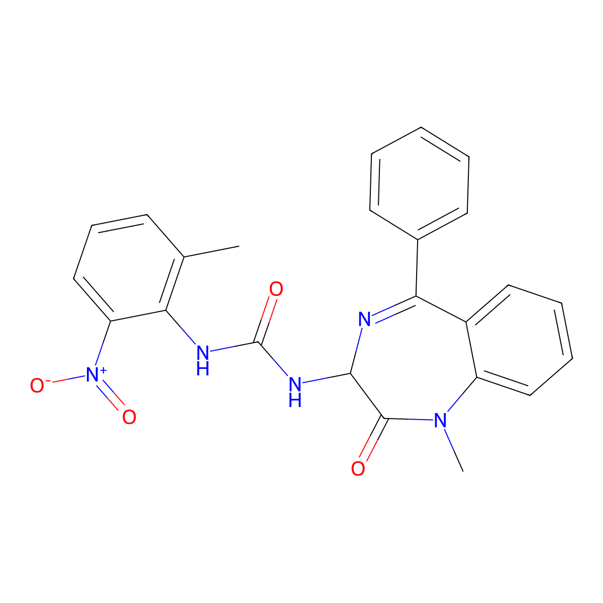 N-(2,5-diaza-2-methyl-3-oxo-6-phenylbicyclo[5.4.0]undeca-1(7),5,8,10-tetraen-4-yl)((2-methyl-6-nitrophenyl)amino)formamide molecular structure, CAS 1796905-26-4