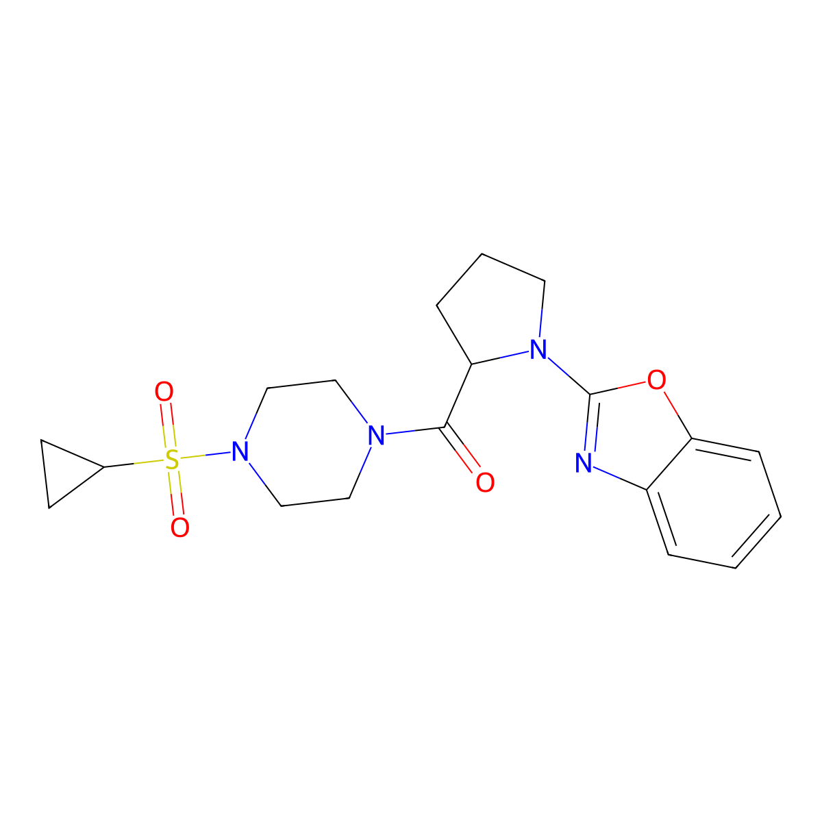 (1-(Benzo[d]oxazol-2-yl)pyrrolidin-2-yl)(4-(cyclopropylsulfonyl)piperazin-1-yl)methanone molecular structure, CAS 1796910-10-5