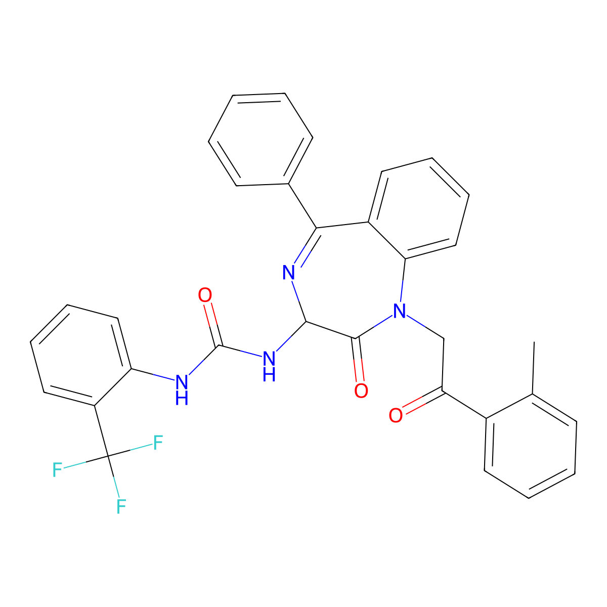 N-(2,5-diaza-2-(2-(2-methylphenyl)-2-oxoethyl)-3-oxo-6-phenylbicyclo[5.4.0]undeca-1(7),5,8,10-tetraen-4-yl)((2-(trifluoromethyl)phenyl)amino)formamide molecular structure, CAS 1796911-60-8
