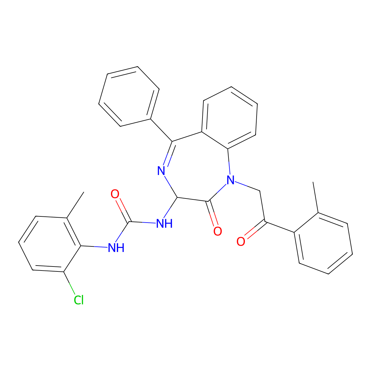 N-(2,5-diaza-2-(2-(2-methylphenyl)-2-oxoethyl)-3-oxo-6-phenylbicyclo[5.4.0]undeca-1(7),5,8,10-tetraen-4-yl)((6-chloro-2-methylphenyl)amino)formamide molecular structure, CAS 1796911-66-4