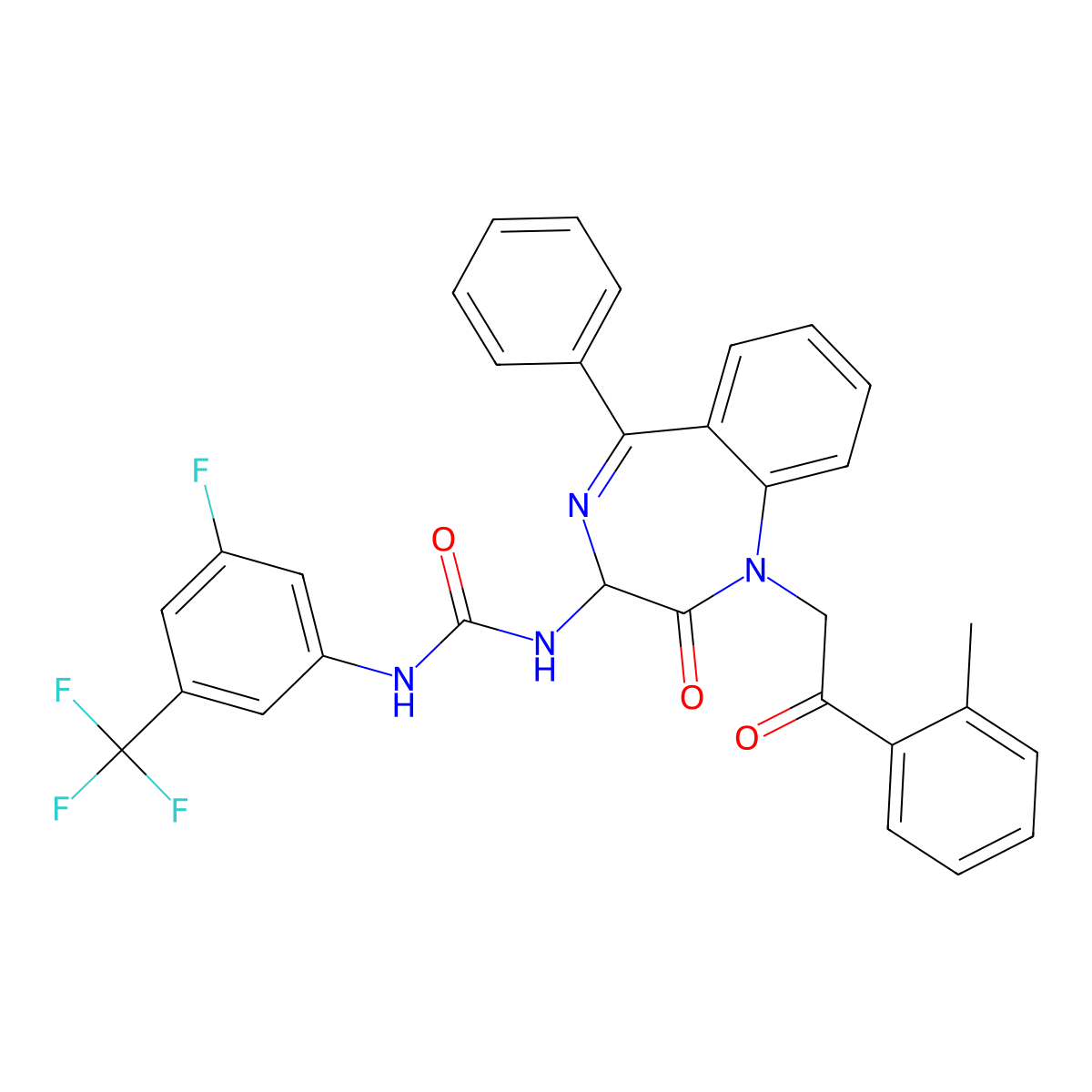 N-(2,5-diaza-2-(2-(2-methylphenyl)-2-oxoethyl)-3-oxo-6-phenylbicyclo[5.4.0]undeca-1(7),5,8,10-tetraen-4-yl)((3-fluoro-5-(trifluoromethyl)phenyl)amino)formamide molecular structure, CAS 1796911-69-7