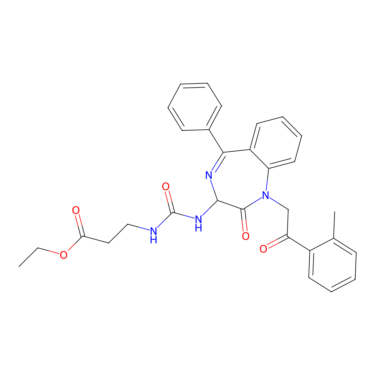 ethyl 3-((N-(2,5-diaza-2-(2-(2-methylphenyl)-2-oxoethyl)-3-oxo-6-phenylbicyclo[5.4.0]undeca-1(7),5,8,10-tetraen-4-yl)carbamoyl)amino)propanoate molecular structure, CAS 1796911-73-3