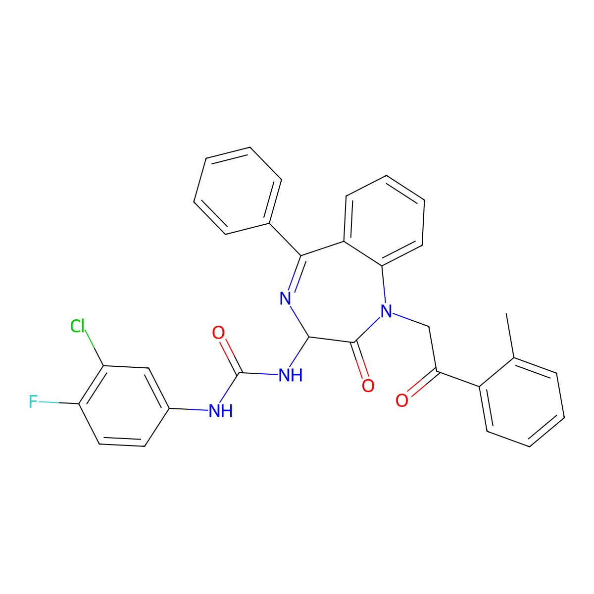 N-(2,5-diaza-2-(2-(2-methylphenyl)-2-oxoethyl)-3-oxo-6-phenylbicyclo[5.4.0]undeca-1(7),5,8,10-tetraen-4-yl)((3-chloro-4-fluorophenyl)amino)formamide molecular structure, CAS 1796911-76-6