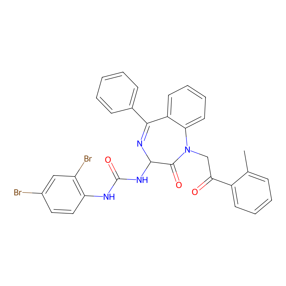 N-(2,5-diaza-2-(2-(2-methylphenyl)-2-oxoethyl)-3-oxo-6-phenylbicyclo[5.4.0]undeca-1(7),5,8,10-tetraen-4-yl)((2,4-dibromophenyl)amino)formamide molecular structure, CAS 1796913-78-4