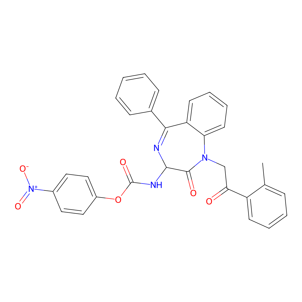 N-(2,5-diaza-2-(2-(2-methylphenyl)-2-oxoethyl)-3-oxo-6-phenylbicyclo[5.4.0]undeca-1(7),5,8,10-tetraen-4-yl)(4-nitrophenoxy)formamide molecular structure, CAS 1796913-83-1