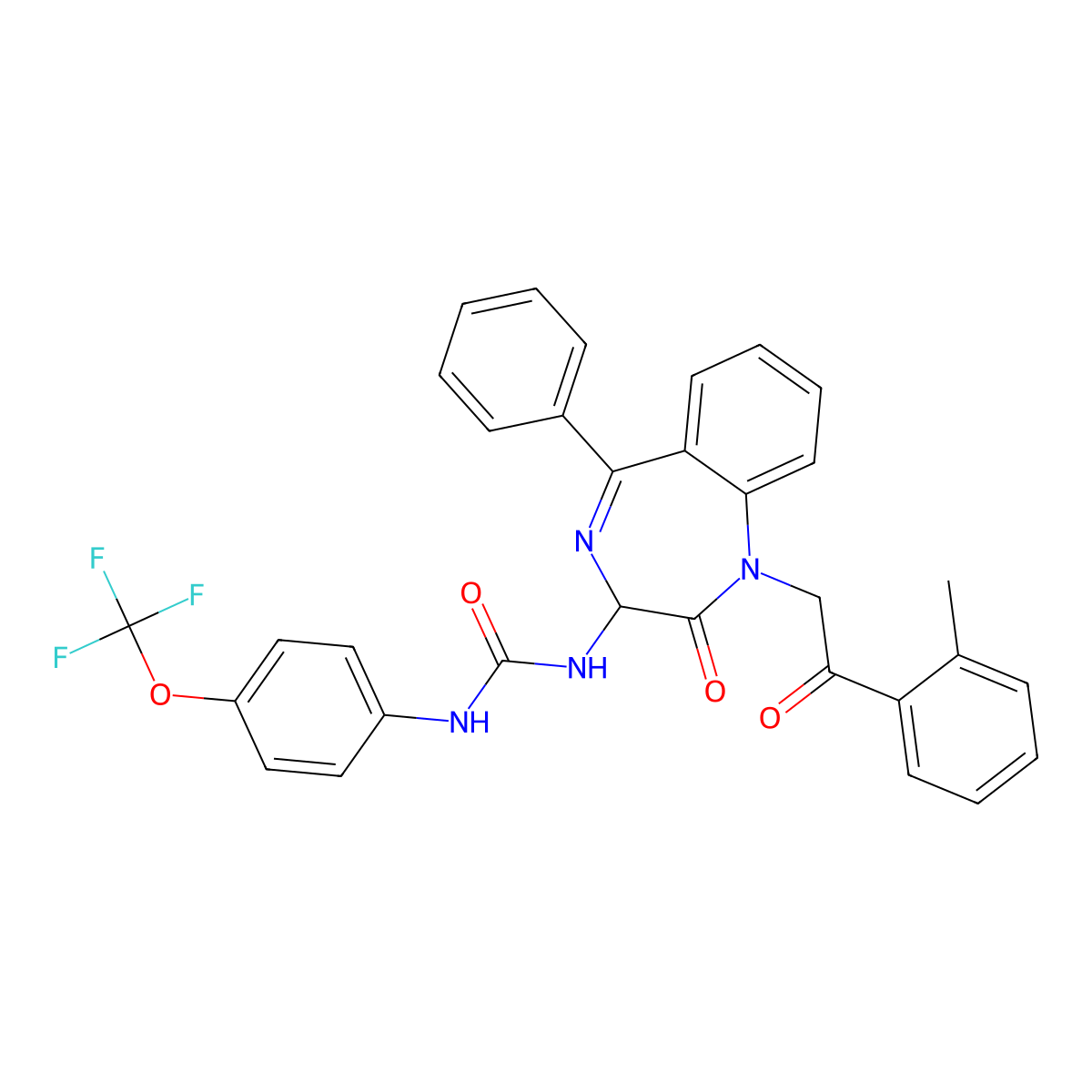 N-(2,5-diaza-2-(2-(2-methylphenyl)-2-oxoethyl)-3-oxo-6-phenylbicyclo[5.4.0]undeca-1(7),5,8,10-tetraen-4-yl)((4-(trifluoromethoxy)phenyl)amino)formamide molecular structure, CAS 1796916-47-6