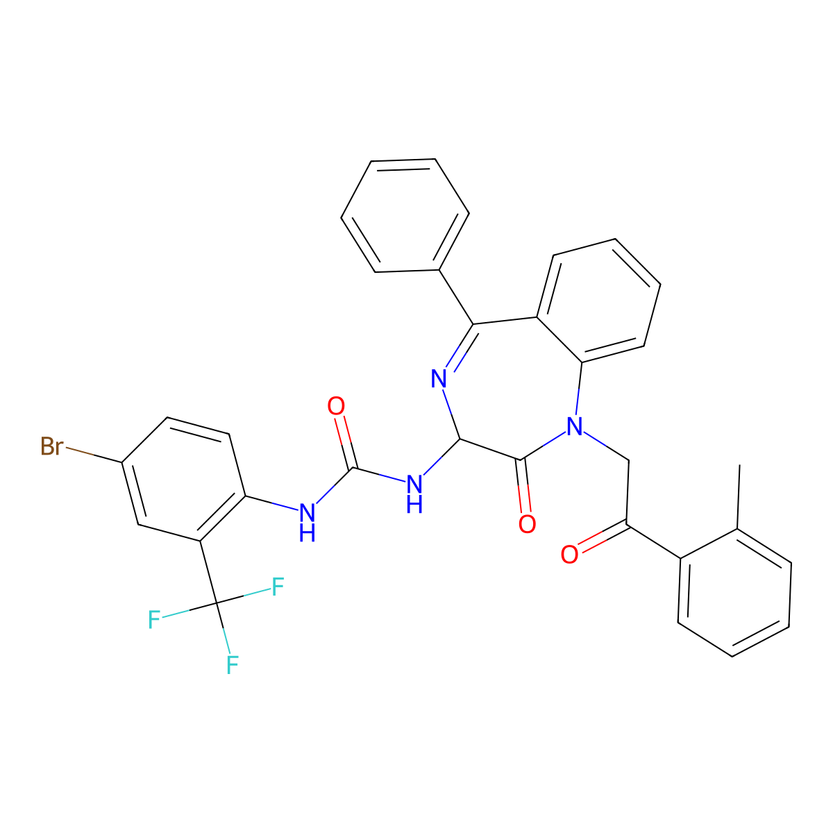 N-(2,5-diaza-2-(2-(2-methylphenyl)-2-oxoethyl)-3-oxo-6-phenylbicyclo[5.4.0]undeca-1(7),5,8,10-tetraen-4-yl)((4-bromo-2-(trifluoromethyl)phenyl)amino)formamide molecular structure, CAS 1796916-64-7