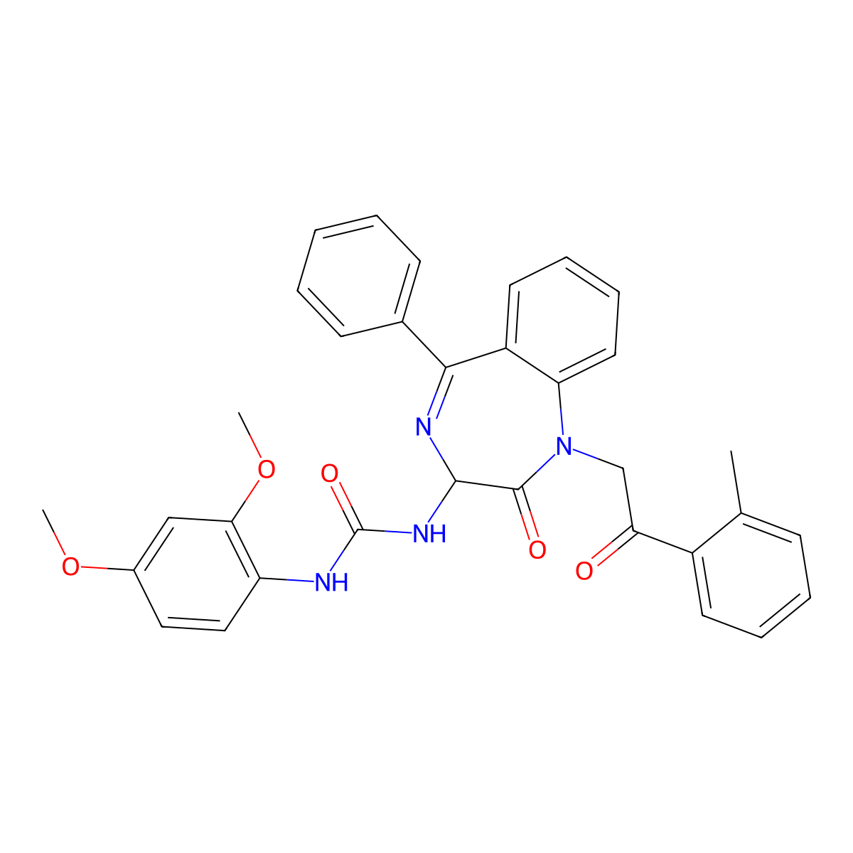 N-(2,5-diaza-2-(2-(2-methylphenyl)-2-oxoethyl)-3-oxo-6-phenylbicyclo[5.4.0]undeca-1(7),5,8,10-tetraen-4-yl)((2,5-dimethoxyphenyl)amino)formamide molecular structure, CAS 1796920-34-7