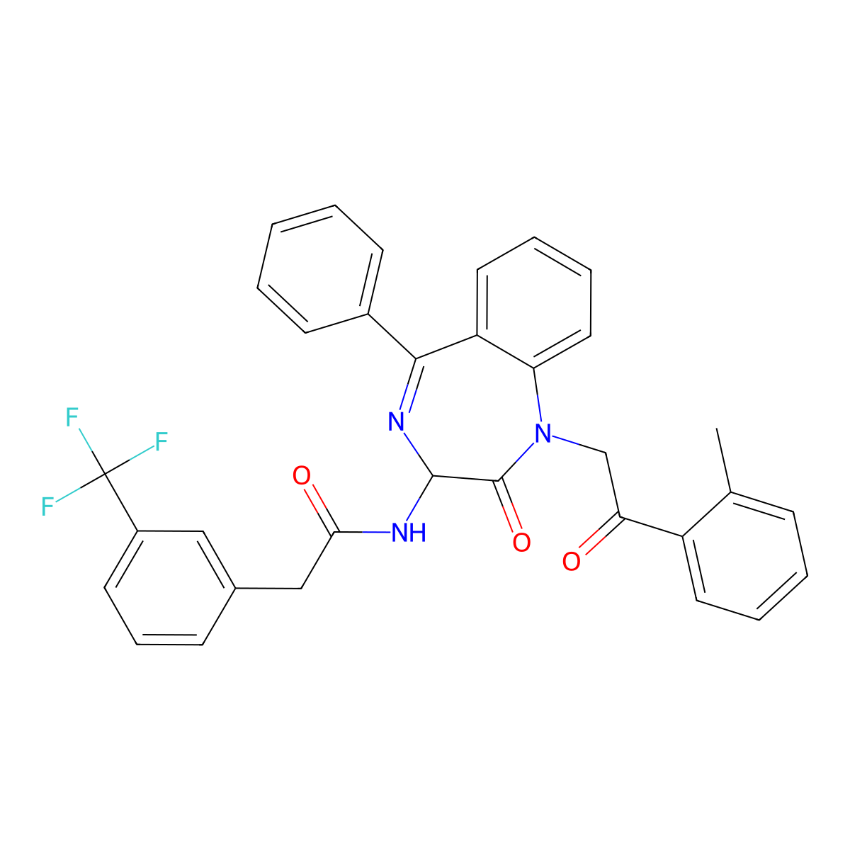 N-(2,5-diaza-2-(2-(2-methylphenyl)-2-oxoethyl)-3-oxo-6-phenylbicyclo[5.4.0]undeca-1(7),5,8,10-tetraen-4-yl)-2-(3-(trifluoromethyl)phenyl)ethanamide molecular structure, CAS 1796920-41-6