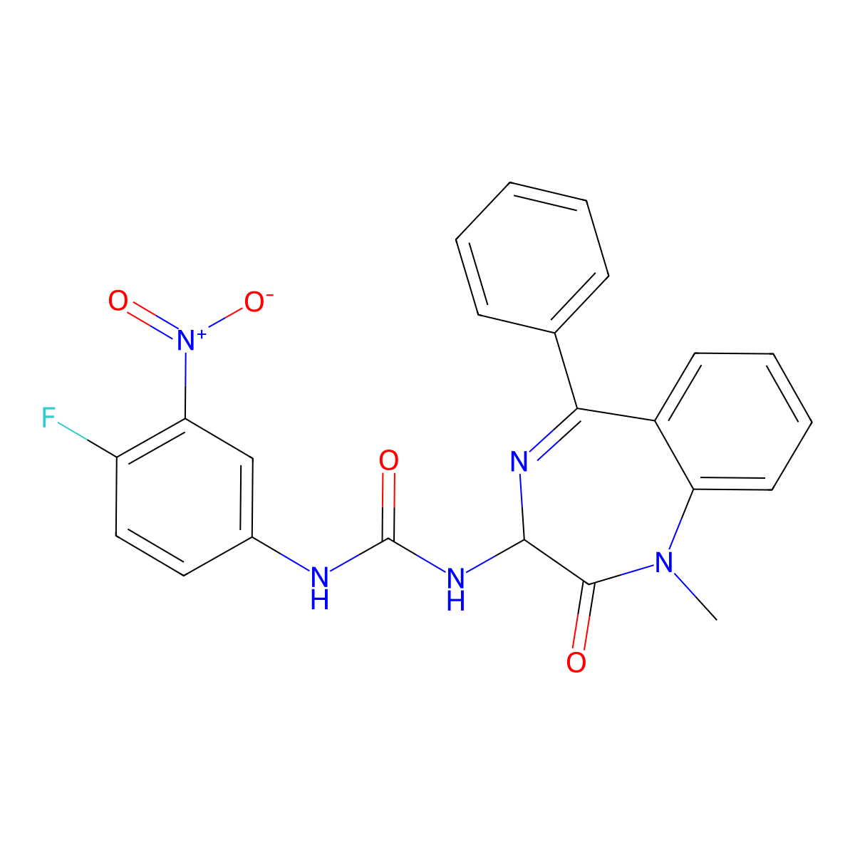 3-(4-fluoro-3-nitrophenyl)-1-(1-methyl-2-oxo-5-phenyl-2,3-dihydro-1H-1,4-benzodiazepin-3-yl)urea molecular structure, CAS 1796920-47-2