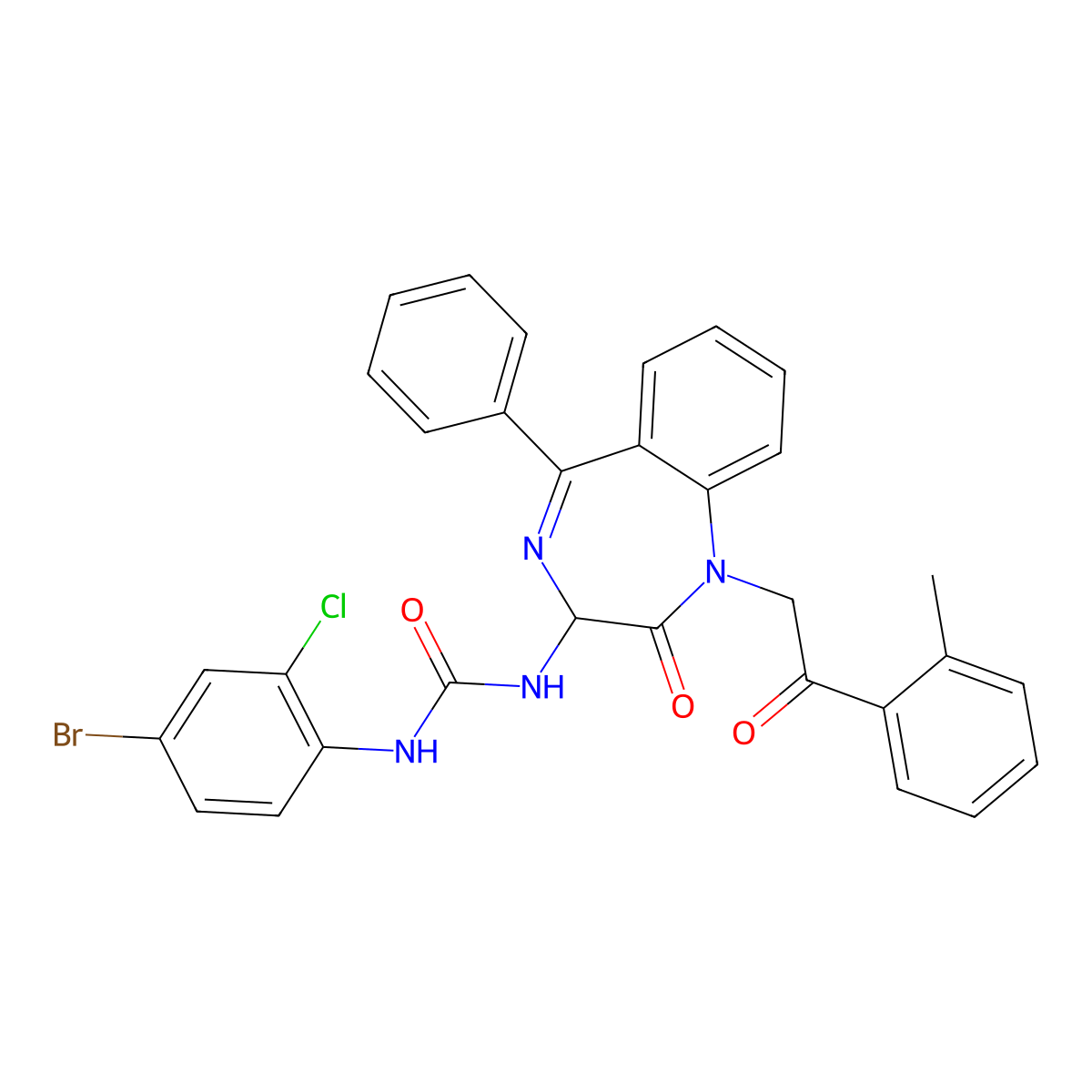 N-(2,5-diaza-2-(2-(2-methylphenyl)-2-oxoethyl)-3-oxo-6-phenylbicyclo[5.4.0]undeca-1(7),5,8,10-tetraen-4-yl)((4-bromo-2-chlorophenyl)amino)formamide molecular structure, CAS 1796920-54-1