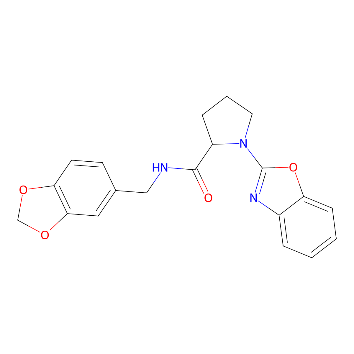 N-(benzo[d][1,3]dioxol-5-ylmethyl)-1-(benzo[d]oxazol-2-yl)pyrrolidine-2-carboxamide molecular structure, CAS 1796920-59-6