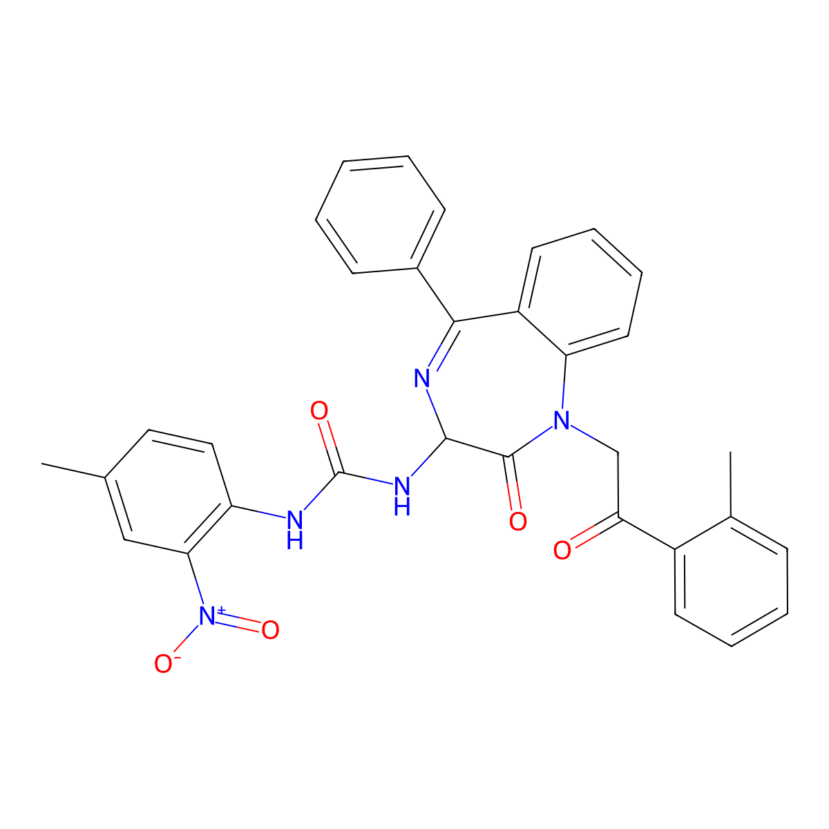 N-(2,5-diaza-2-(2-(2-methylphenyl)-2-oxoethyl)-3-oxo-6-phenylbicyclo[5.4.0]undeca-1(7),5,8,10-tetraen-4-yl)((4-methyl-2-nitrophenyl)amino)formamide molecular structure, CAS 1796920-60-9