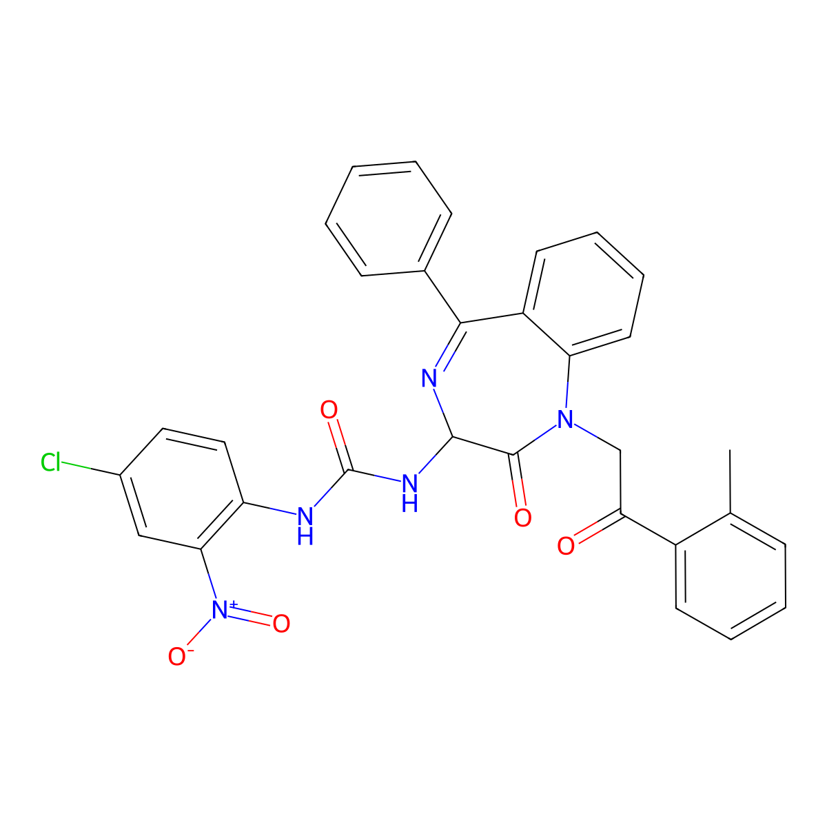 N-(2,5-diaza-2-(2-(2-methylphenyl)-2-oxoethyl)-3-oxo-6-phenylbicyclo[5.4.0]undeca-1(7),5,8,10-tetraen-4-yl)((4-chloro-2-nitrophenyl)amino)formamide molecular structure, CAS 1796920-65-4