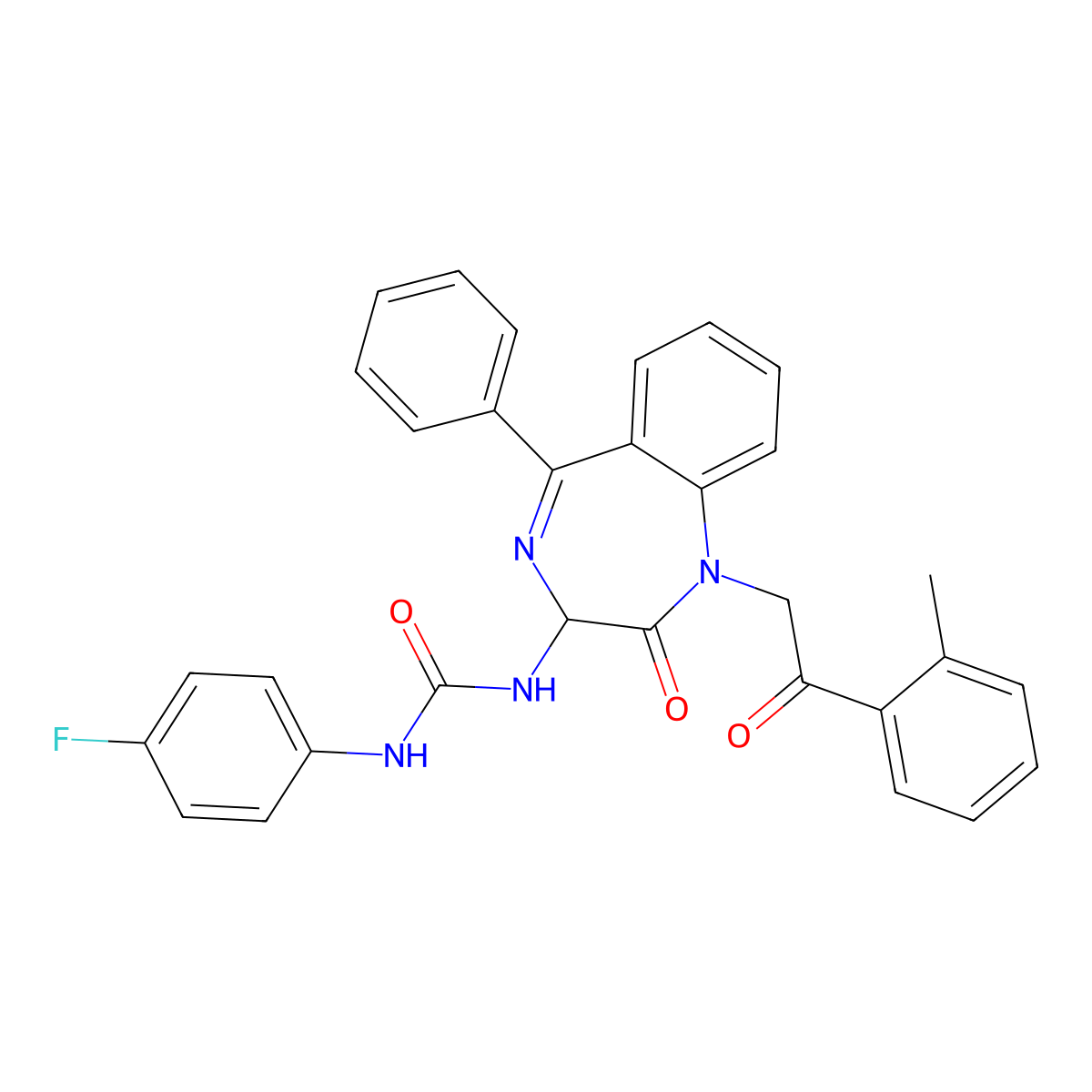 N-(2,5-diaza-2-(2-(2-methylphenyl)-2-oxoethyl)-3-oxo-6-phenylbicyclo[5.4.0]undeca-1(7),5,8,10-tetraen-4-yl)((4-fluorophenyl)amino)formamide molecular structure, CAS 1796920-69-8