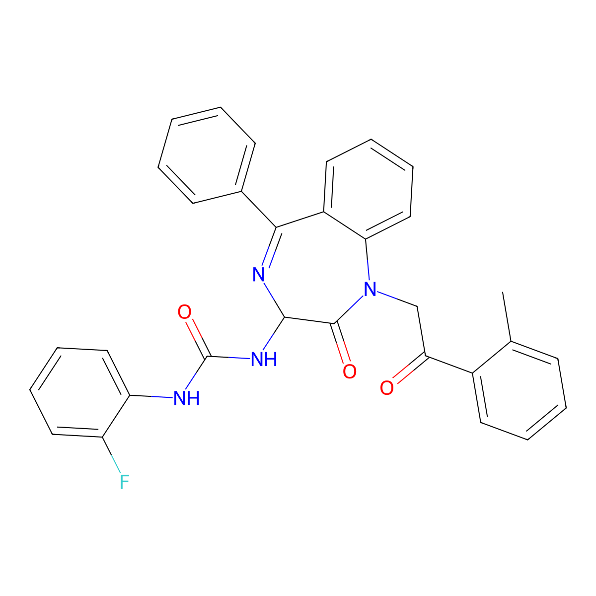 N-(2,5-diaza-2-(2-(2-methylphenyl)-2-oxoethyl)-3-oxo-6-phenylbicyclo[5.4.0]undeca-1(7),5,8,10-tetraen-4-yl)((2-fluorophenyl)amino)formamide molecular structure, CAS 1796920-76-7
