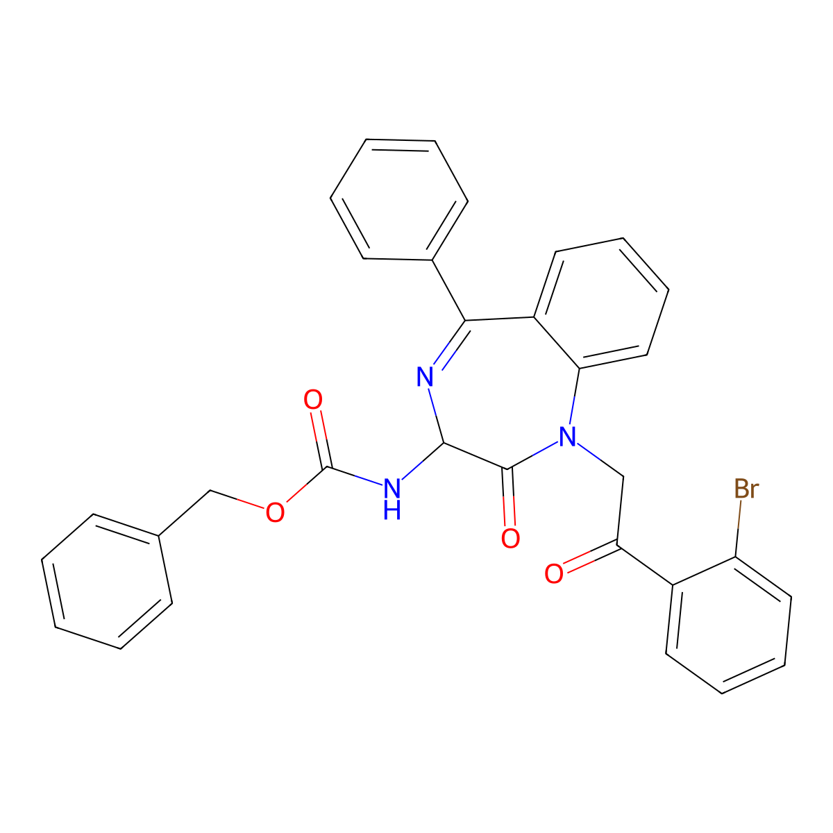 N-(2,5-diaza-2-(2-(2-bromophenyl)-2-oxoethyl)-3-oxo-6-phenylbicyclo[5.4.0]undeca-1(7),5,8,10-tetraen-4-yl)((phenylmethoxy)amino)formamide molecular structure, CAS 1796921-06-6