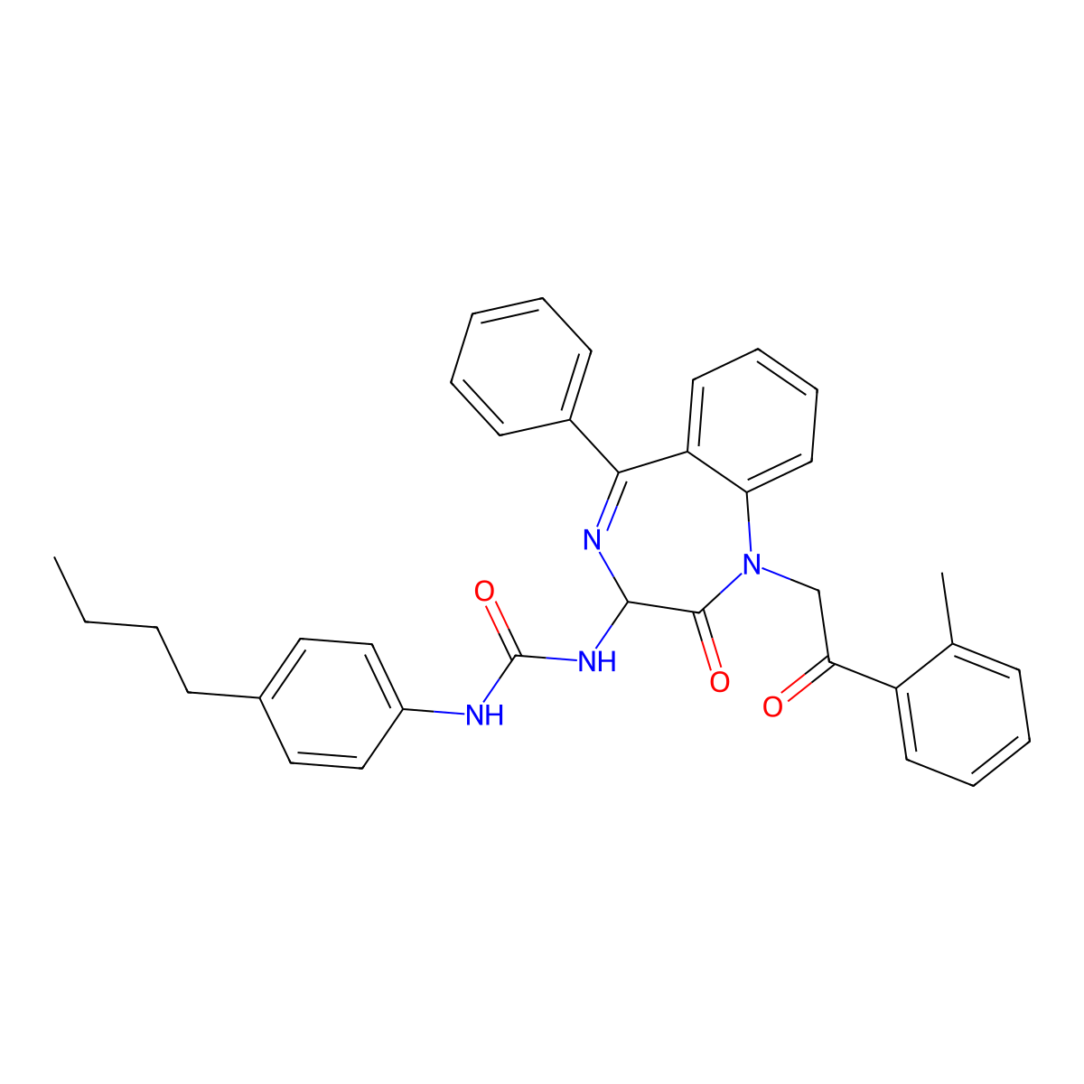 N-(2,5-diaza-2-(2-(2-methylphenyl)-2-oxoethyl)-3-oxo-6-phenylbicyclo[5.4.0]undeca-1(7),5,8,10-tetraen-4-yl)((4-butylphenyl)amino)formamide molecular structure, CAS 1796921-15-7