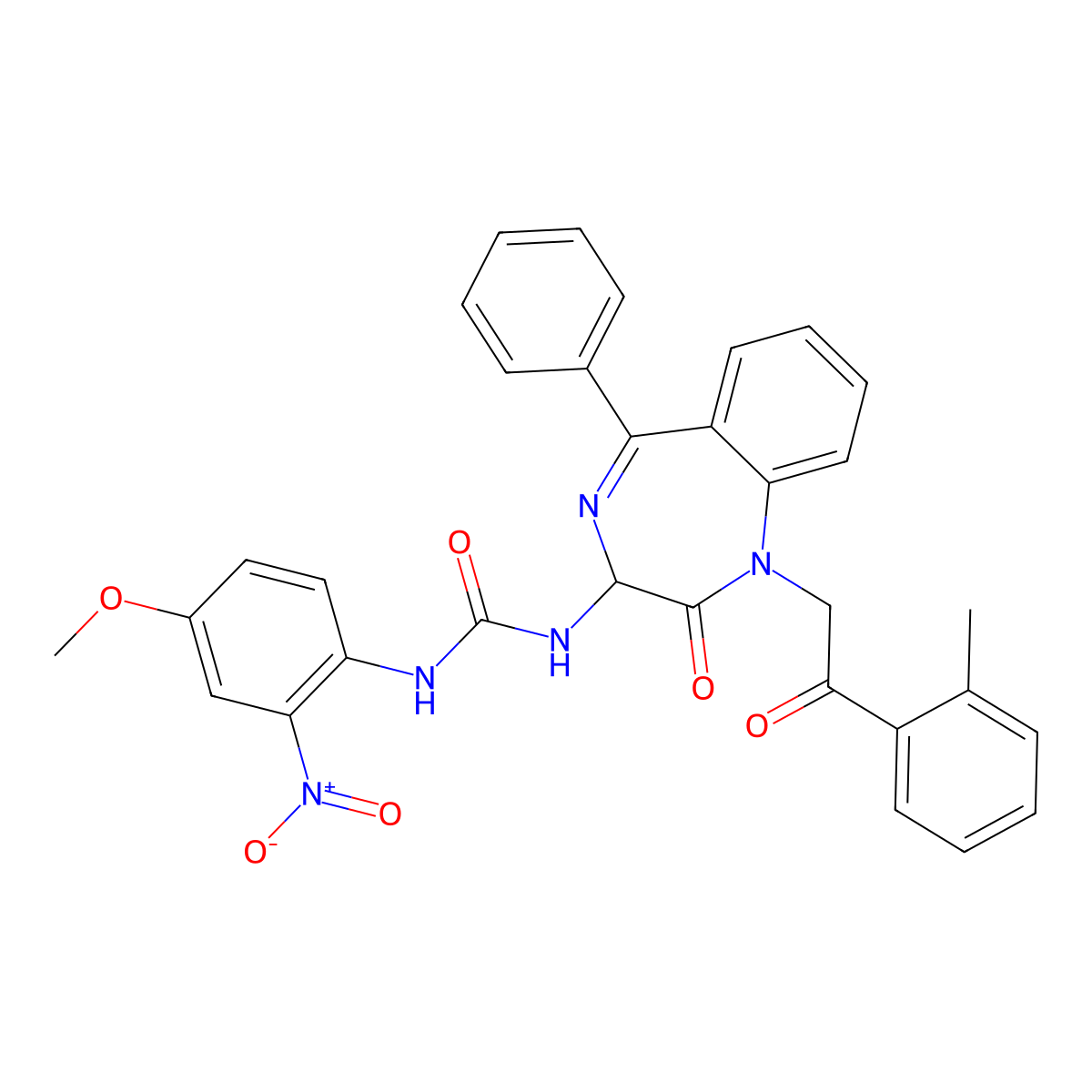 N-(2,5-diaza-2-(2-(2-methylphenyl)-2-oxoethyl)-3-oxo-6-phenylbicyclo[5.4.0]undeca-1(7),5,8,10-tetraen-4-yl)((4-methoxy-2-nitrophenyl)amino)formamide molecular structure, CAS 1796921-25-9