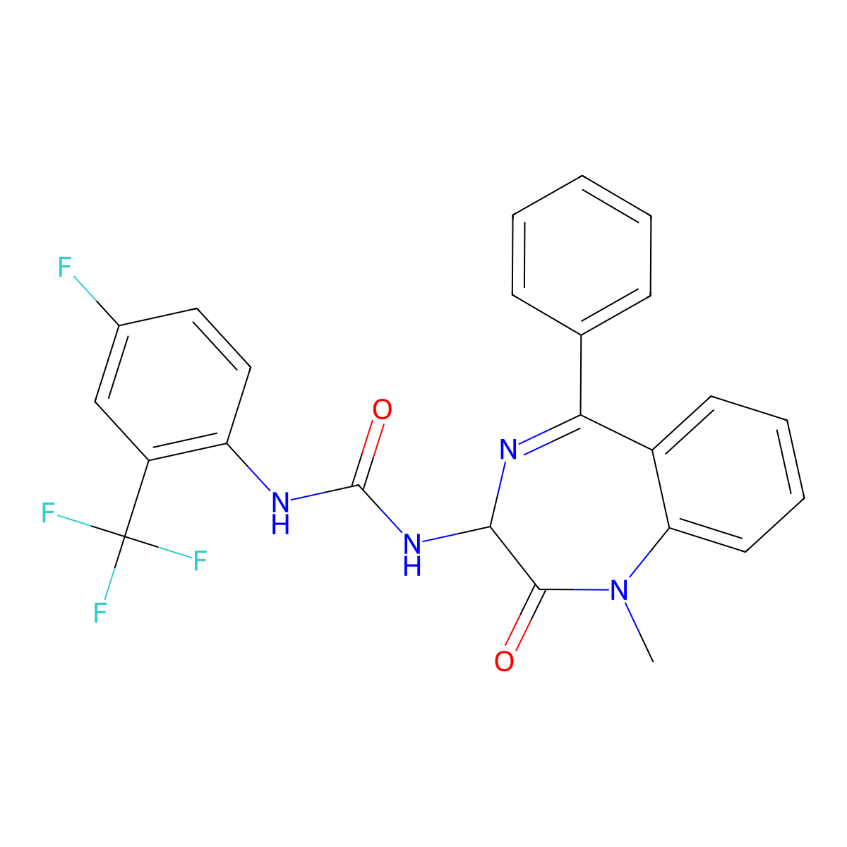 1-(1-methyl-2-oxo-5-phenyl-2,3-dihydro-1H-1,4-diazepin-3-yl)-3-(4-fluoro-2-trifluorophenyl)urea molecular structure, CAS 1796921-82-8