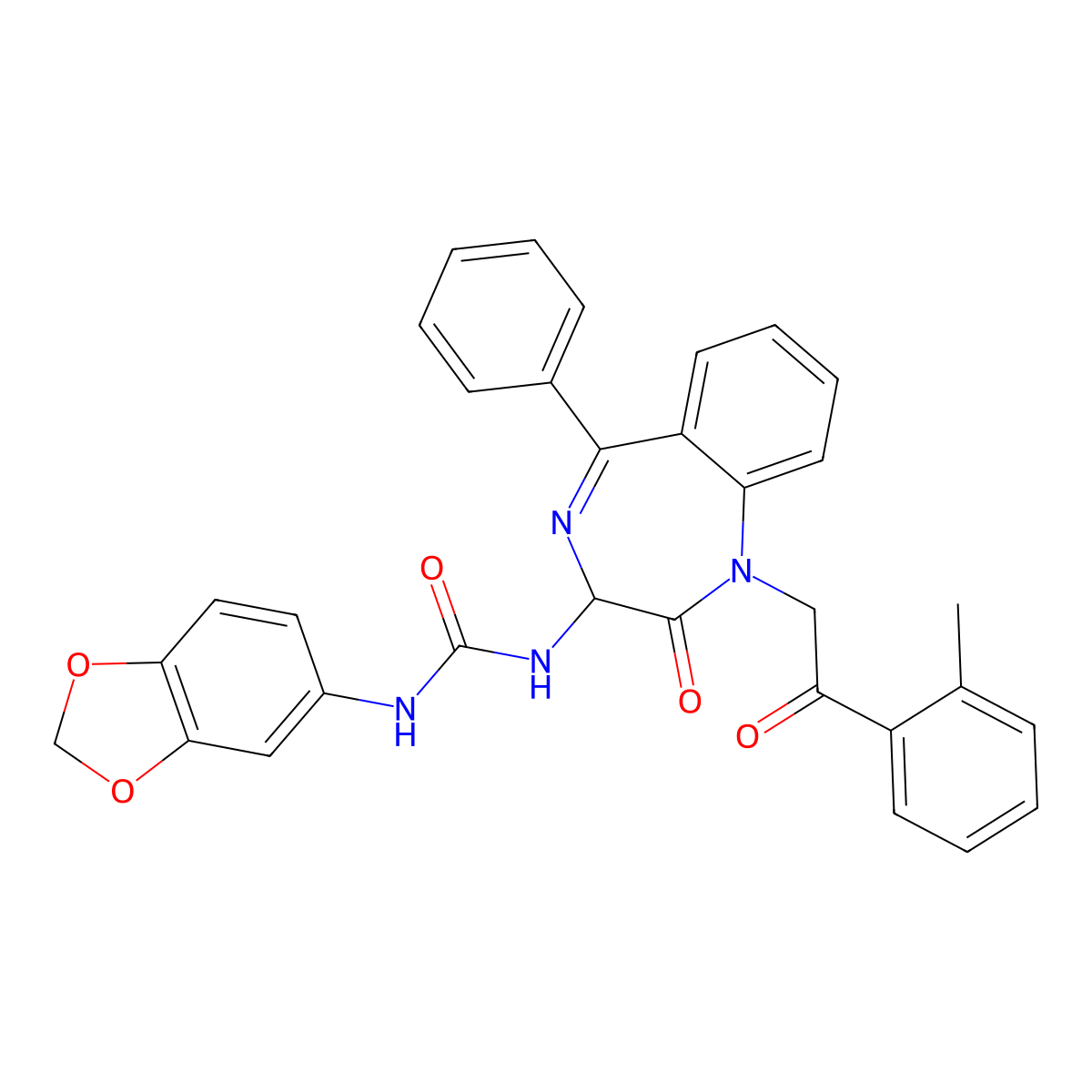 (benzo[3,4-d]1,3-dioxolan-5-ylamino)-N-(2,5-diaza-2-(2-(2-methylphenyl)-2-oxoethyl)-3-oxo-6-phenylbicyclo[5.4.0]undeca-1(7),5,8,10-tetraen-4-yl)formamide molecular structure, CAS 1796921-88-4