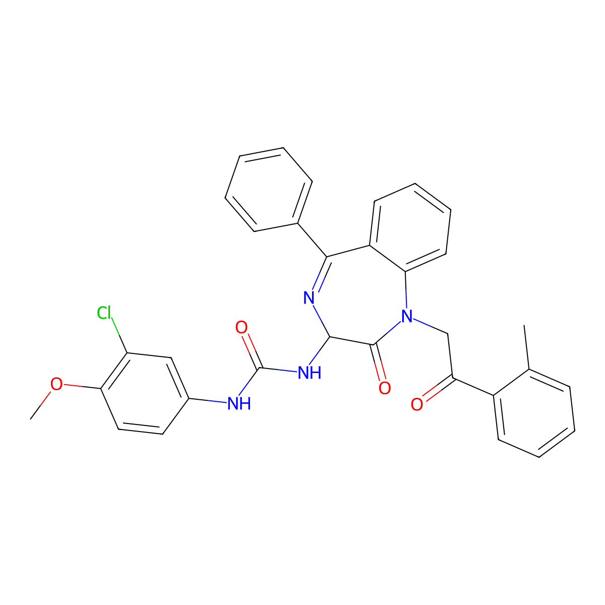 N-(2,5-diaza-2-(2-(2-methylphenyl)-2-oxoethyl)-3-oxo-6-phenylbicyclo[5.4.0]undeca-1(7),5,8,10-tetraen-4-yl)((3-chloro-4-methoxyphenyl)amino)formamide molecular structure, CAS 1796921-95-3