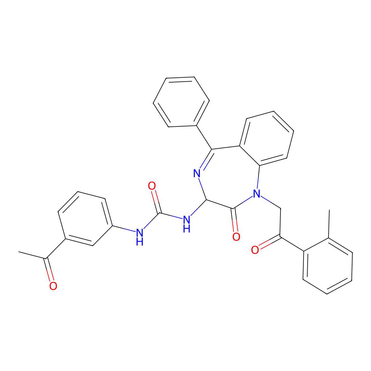 ((3-acetylphenyl)amino)-N-(2,5-diaza-2-(2-(2-methylphenyl)-2-oxoethyl)-3-oxo-6-phenylbicyclo[5.4.0]undeca-1(7),5,8,10-tetraen-4-yl)formamide molecular structure, CAS 1796922-01-4