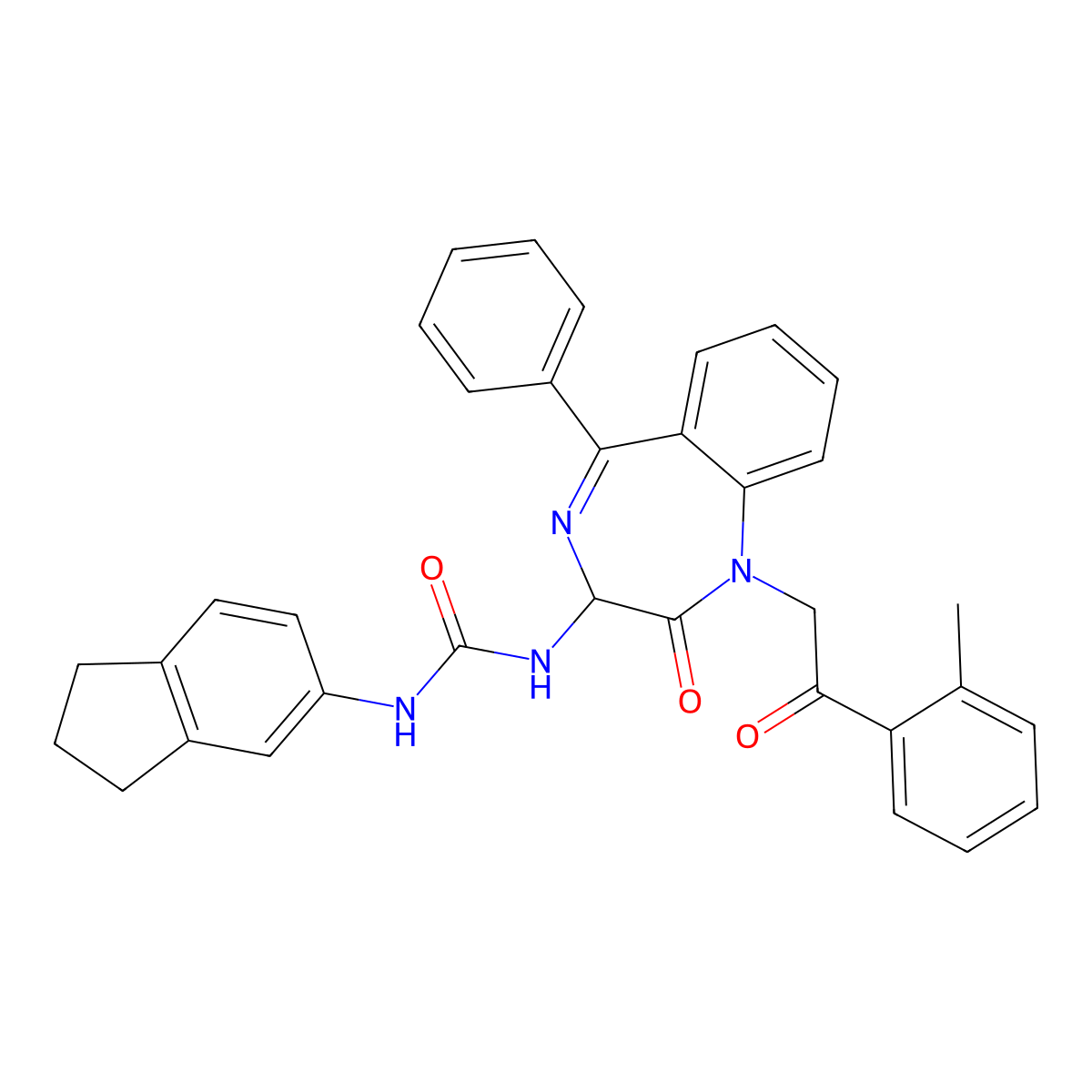 N-(2,5-diaza-2-(2-(2-methylphenyl)-2-oxoethyl)-3-oxo-6-phenylbicyclo[5.4.0]undeca-1(7),5,8,10-tetraen-4-yl)(indan-5-ylamino)formamide molecular structure, CAS 1796922-20-7