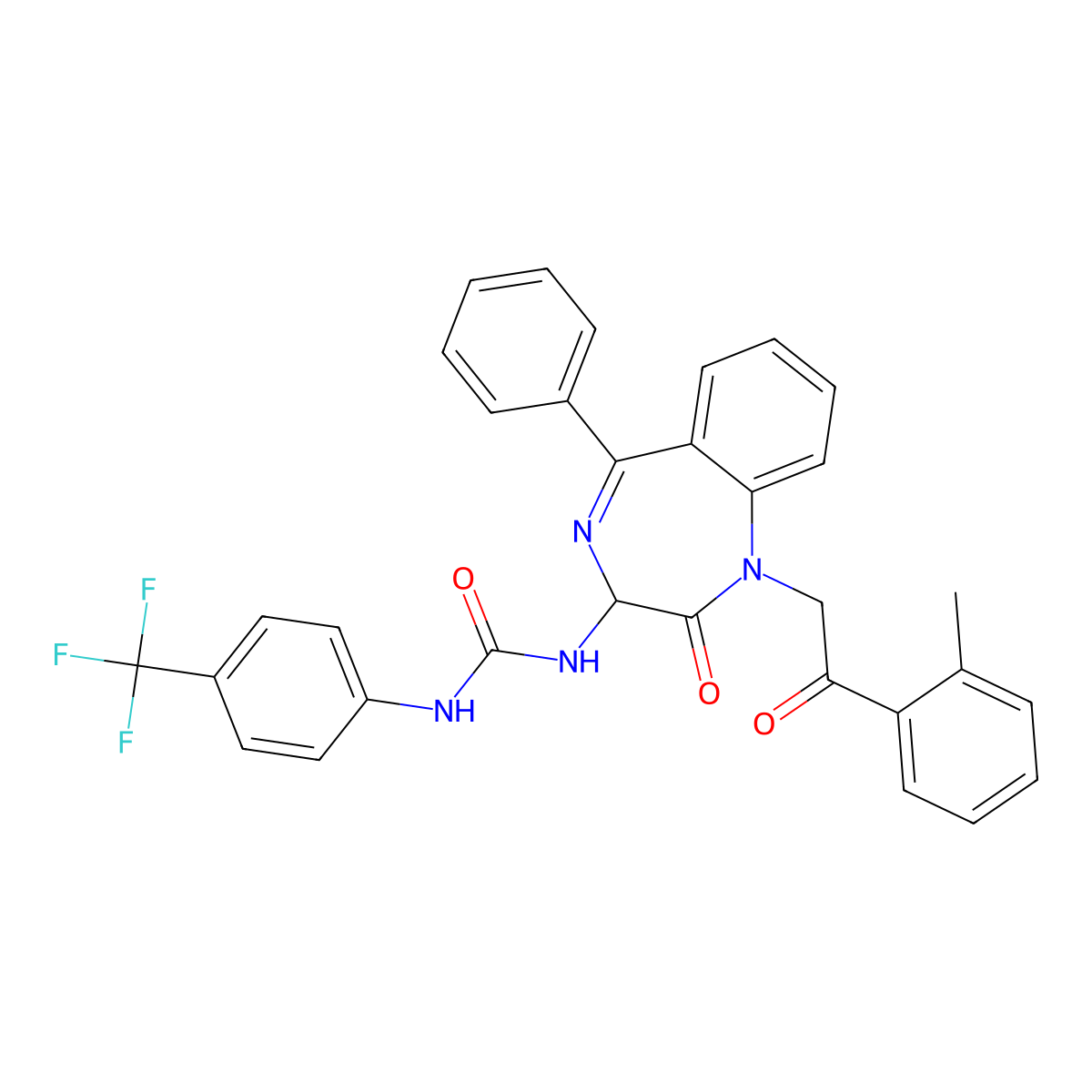 N-(2,5-diaza-2-(2-(2-methylphenyl)-2-oxoethyl)-3-oxo-6-phenylbicyclo[5.4.0]undeca-1(7),5,8,10-tetraen-4-yl)((4-(trifluomethyl)phenyl)amino)formamide molecular structure, CAS 1796922-64-9