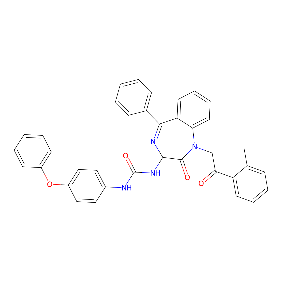 N-(2,5-diaza-2-(2-(2-methylphenyl)-2-oxoethyl)-3-oxo-6-phenylbicyclo[5.4.0]undeca-1(7),5,8,10-tetraen-4-yl)((4-phenoxyphenyl)amino)formamide molecular structure, CAS 1796922-78-5