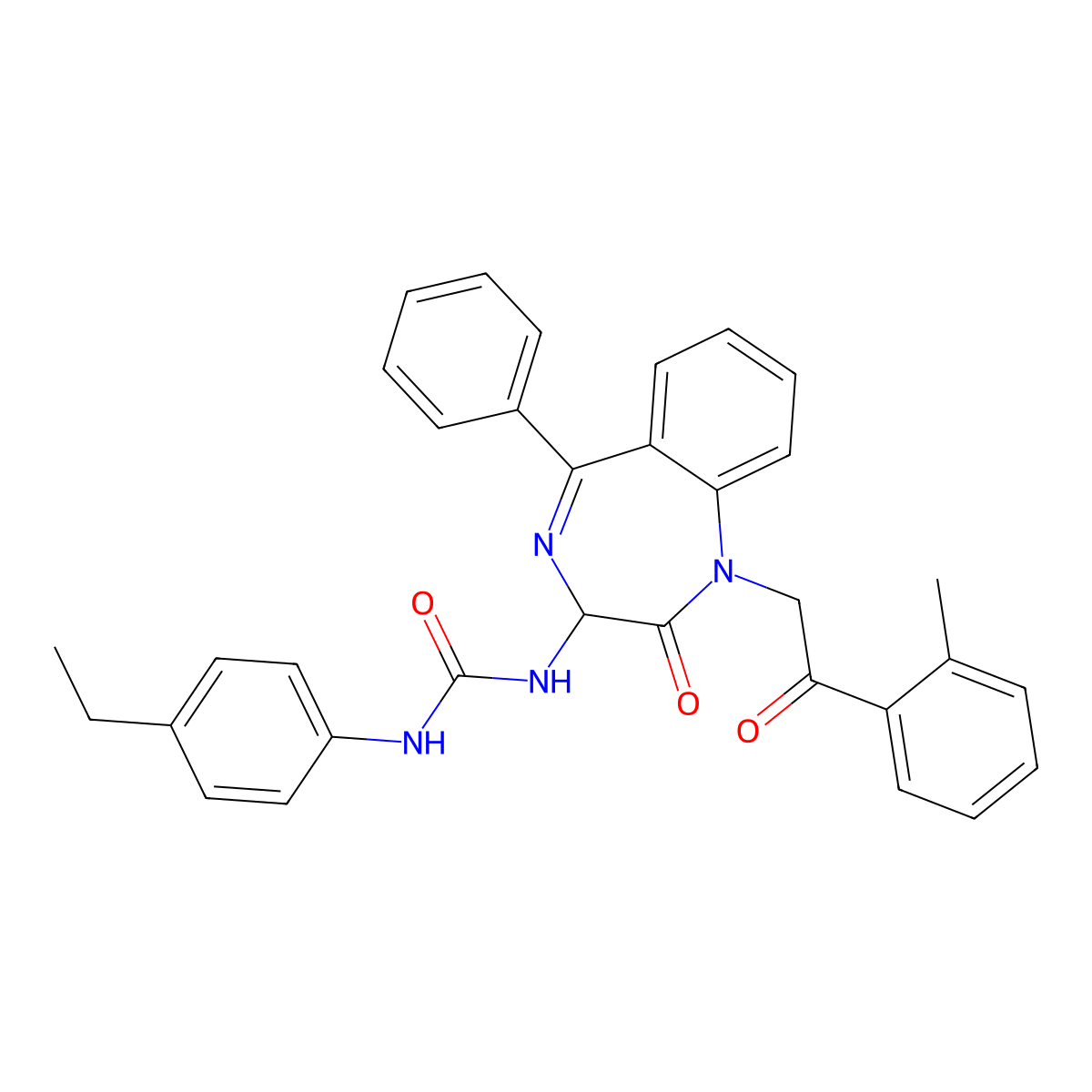 N-(2,5-diaza-2-(2-(2-methylphenyl)-2-oxoethyl)-3-oxo-6-phenylbicyclo[5.4.0]undeca-1(7),5,8,10-tetraen-4-yl)((4-ethylphenyl)amino)formamide molecular structure, CAS 1796922-81-0