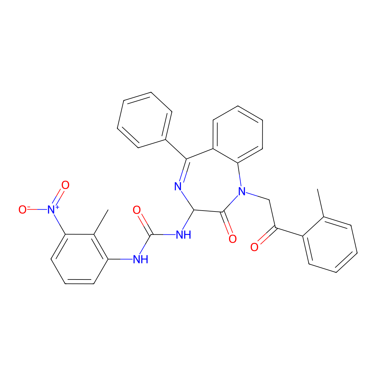 N-(2,5-diaza-2-(2-(2-methylphenyl)-2-oxoethyl)-3-oxo-6-phenylbicyclo[5.4.0]undeca-1(7),5,8,10-tetraen-4-yl)((2-methyl-3-nitrophenyl)amino)formamide molecular structure, CAS 1796922-90-1