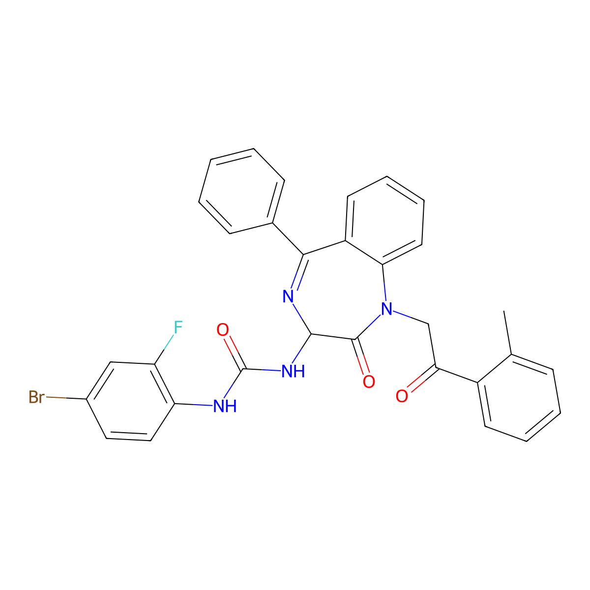 N-(2,5-diaza-2-(2-(2-methylphenyl)-2-oxoethyl)-3-oxo-6-phenylbicyclo[5.4.0]undeca-1(7),5,8,10-tetraen-4-yl)((4-bromo-2-fluorophenyl)amino)formamide molecular structure, CAS 1796924-25-8