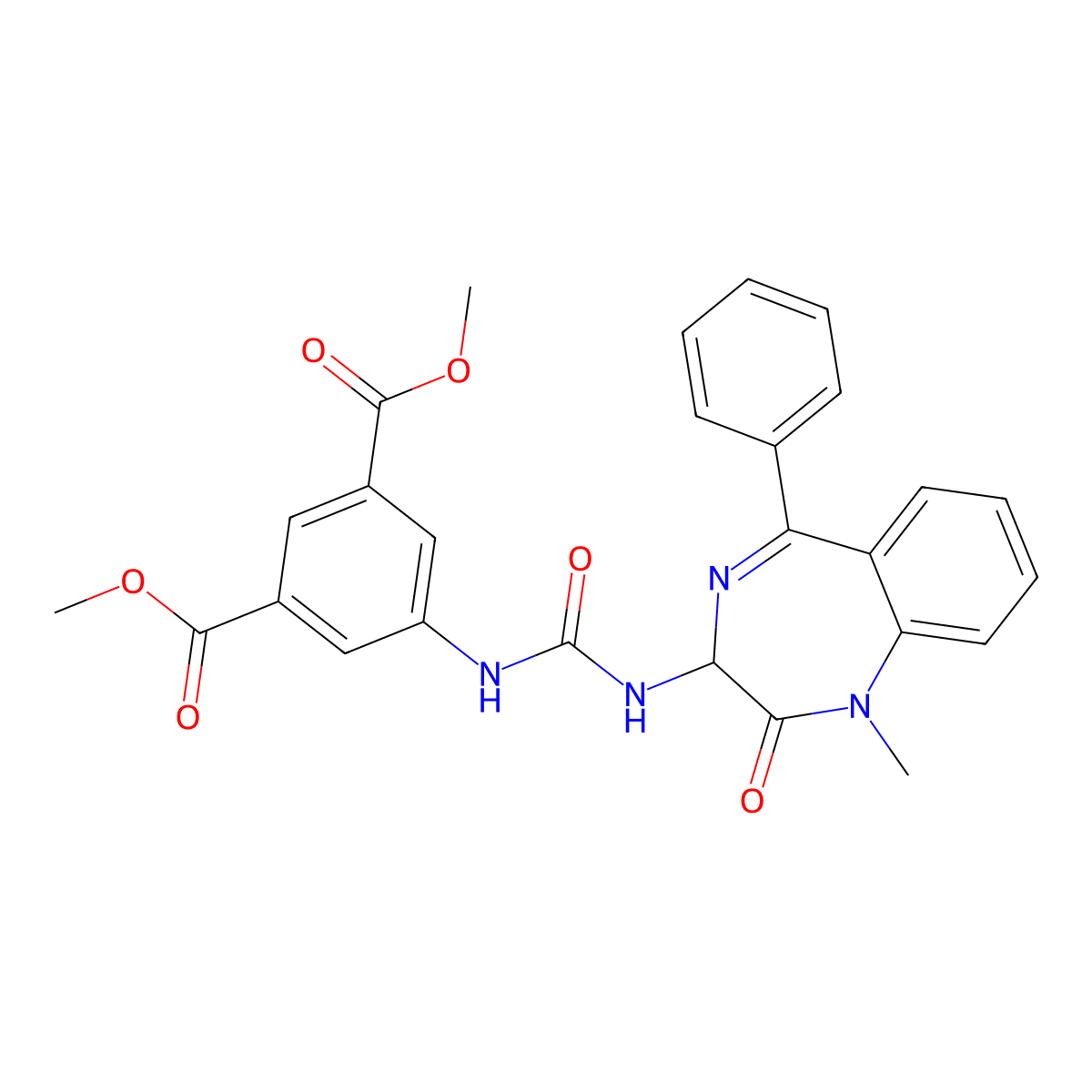 methyl 5-((N-(2,5-diaza-2-methyl-3-oxo-6-phenylbicyclo[5.4.0]undeca-1(7),5,8,10-tetraen-4-yl)carbamoyl)amino)-3-(methoxycarbonyl)benzoate molecular structure, CAS 1796929-37-7