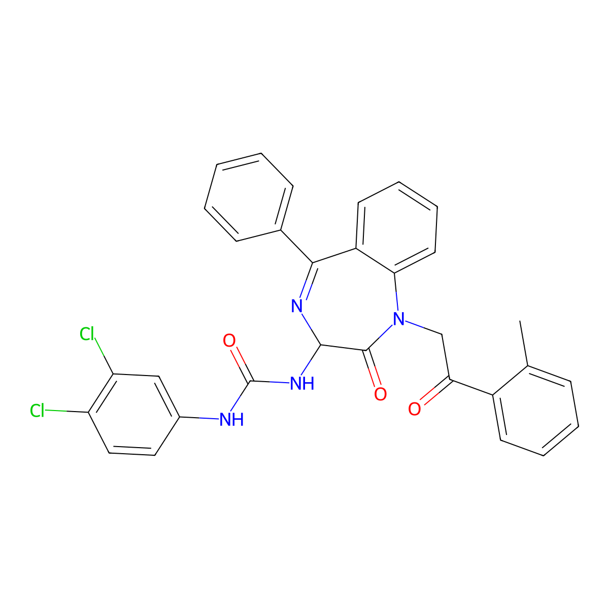 N-(2,5-diaza-2-(2-(2-methylphenyl)-2-oxoethyl)-3-oxo-6-phenylbicyclo[5.4.0]undeca-1(7),5,8,10-tetraen-4-yl)((3,4-dichlorophenyl)amino)formamide molecular structure, CAS 1796929-40-2