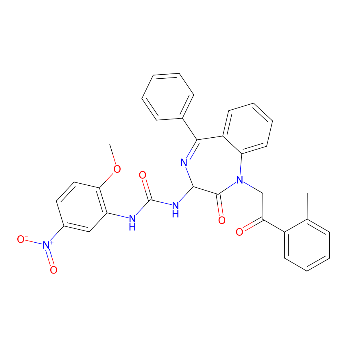 N-(2,5-diaza-2-(2-(2-methylphenyl)-2-oxoethyl)-3-oxo-6-phenylbicyclo[5.4.0]undeca-1(7),5,8,10-tetraen-4-yl)((2-methoxy-5-nitrophenyl)amino)formamide molecular structure, CAS 1796929-45-7