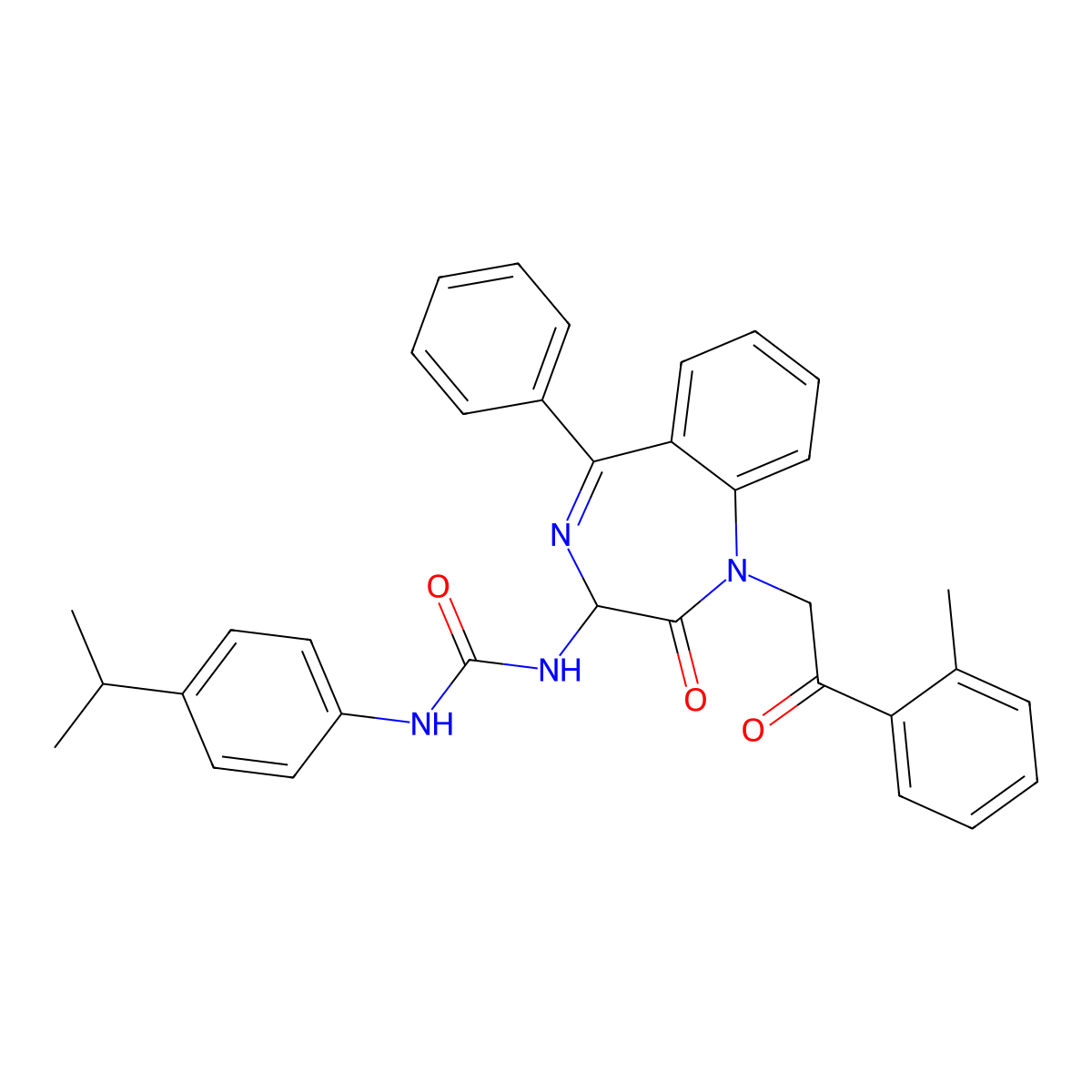 N-(2,5-diaza-2-(2-(2-methylphenyl)-2-oxoethyl)-3-oxo-6-phenylbicyclo[5.4.0]undeca-1(7),5,8,10-tetraen-4-yl)((4-isopropylphenyl)amino)formamide molecular structure, CAS 1796929-51-5