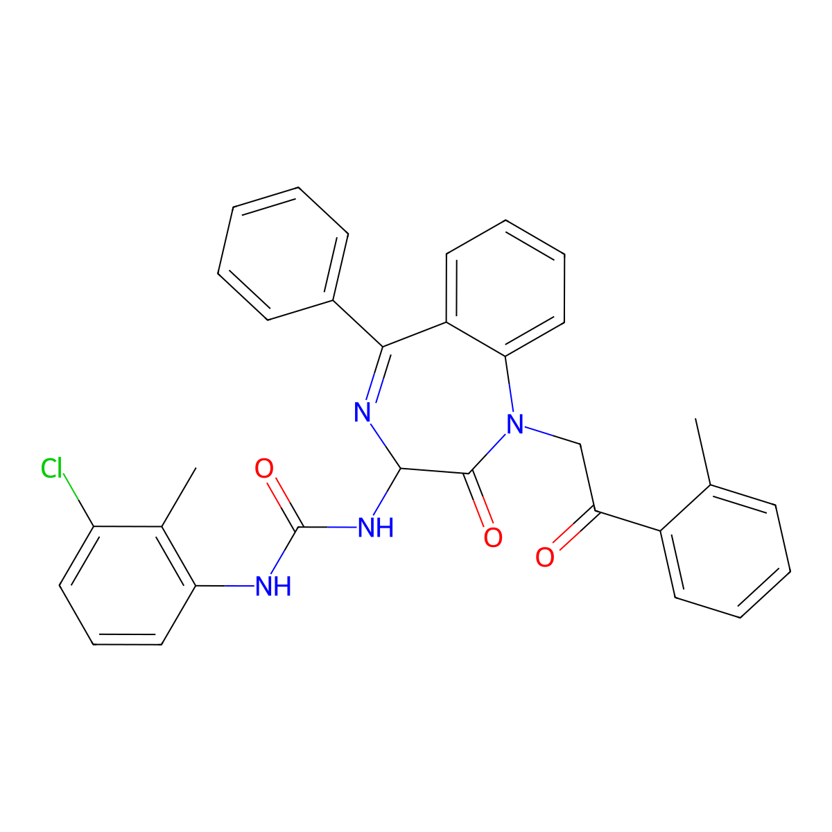 N-(2,5-diaza-2-(2-(2-methylphenyl)-2-oxoethyl)-3-oxo-6-phenylbicyclo[5.4.0]undeca-1(7),5,8,10-tetraen-4-yl)((3-chloro-2-methylphenyl)amino)formamide molecular structure, CAS 1796929-54-8