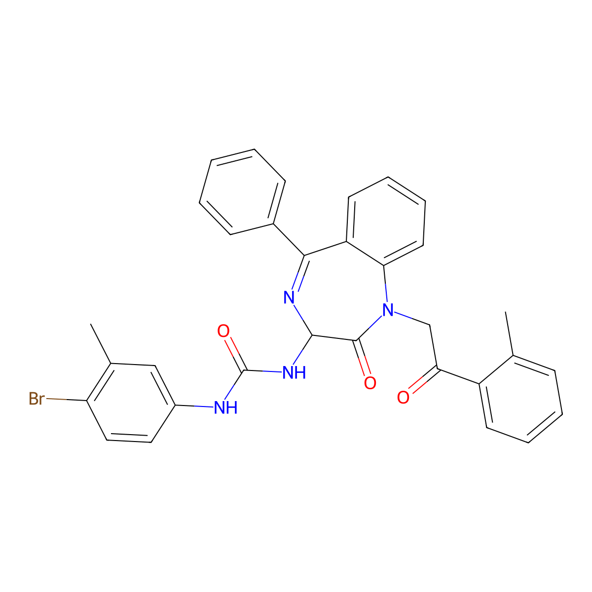 N-(2,5-diaza-2-(2-(2-methylphenyl)-2-oxoethyl)-3-oxo-6-phenylbicyclo[5.4.0]undeca-1(7),5,8,10-tetraen-4-yl)((4-bromo-3-methylphenyl)amino)formamide molecular structure, CAS 1796929-61-7