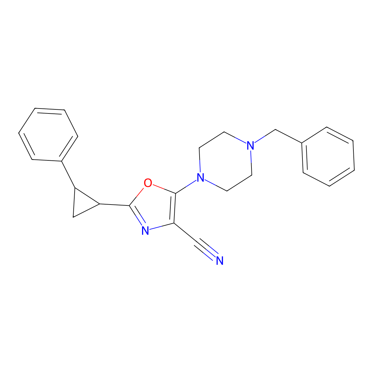 5-(4-Benzylpiperazin-1-yl)-2-(2-phenylcyclopropyl)oxazole-4-carbonitrile molecular structure, CAS 1796934-77-4