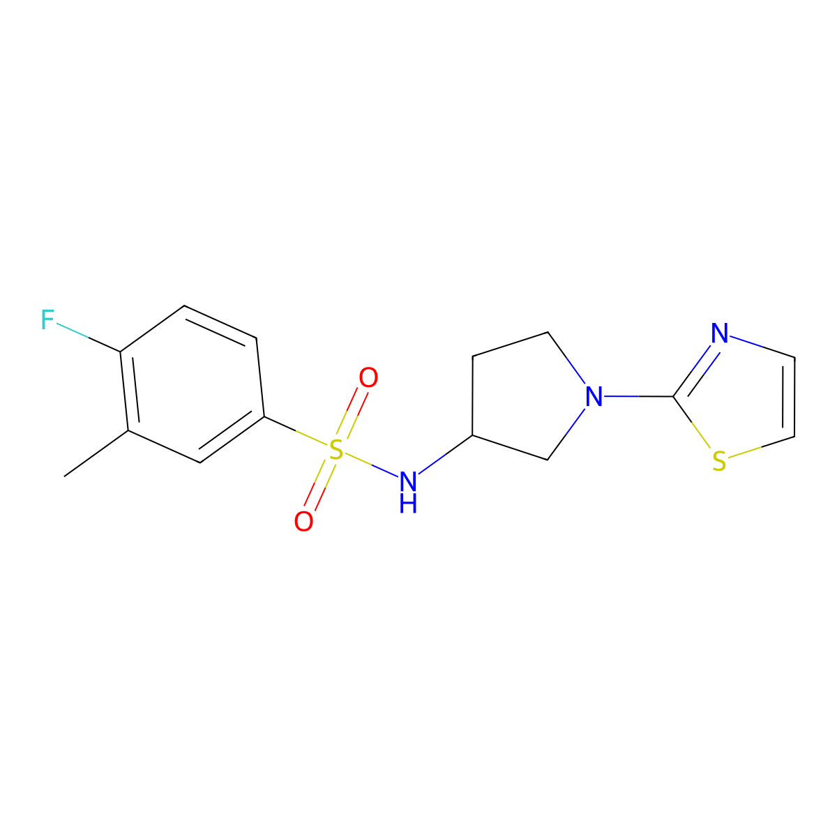 4-fluoro-3-methyl-N-(1-(thiazol-2-yl)pyrrolidin-3-yl)benzenesulfonamide molecular structure, CAS 1796945-94-2