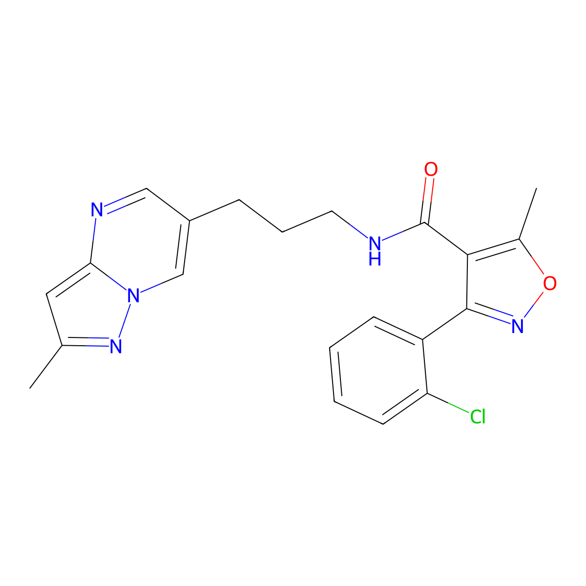 3-(2-chlorophenyl)-5-methyl-N-(3-(2-methylpyrazolo[1,5-a]pyrimidin-6-yl)propyl)isoxazole-4-carboxamide molecular structure, CAS 1796946-02-5